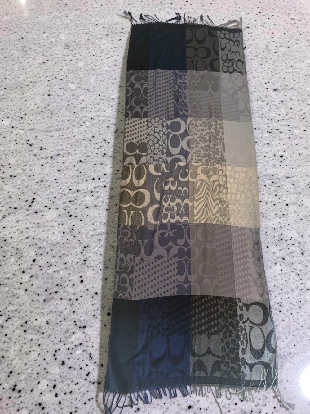 Coach-like Signature Patchwork Patterned Scarf with Fringed Edges